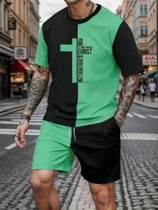 Summer Men's Street Style Cross Letter Print Set, Breathable Comfort Sport Casual, Faith Theme T-Shirt and Shorts Two-Piece Set, Summer Sportswear, Casual Sportswear Outfit
