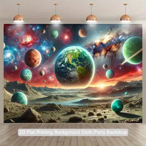 2D Flat, 1pc Cosmic Planet Backdrop Banner - Vibrant Space-Themed Photography Background with Earth, Moon, and Planets Design, Durable Polyester Fabric for Indoor/Outdoor Parties, Birthdays, Anniversaries, and Studio Props, Party Decoration | Space