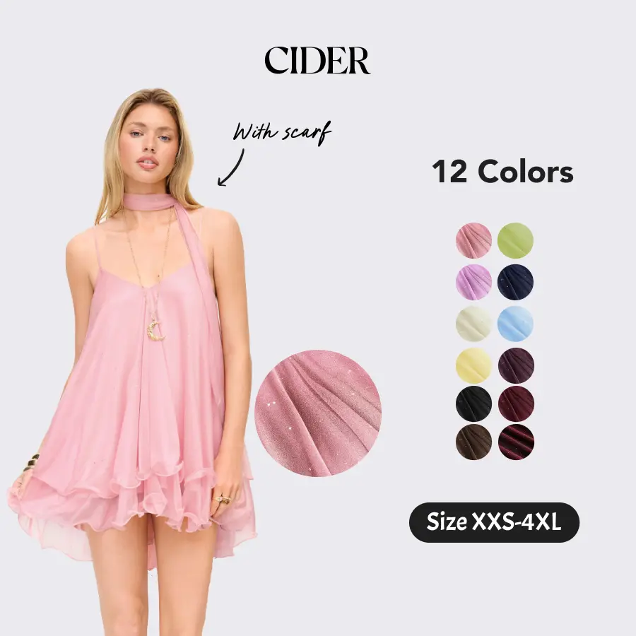 Cider V-Neck Halter Ruffled Hem Tulle Glitter Mini Dress Casual Wear Sexy Glamorous Women's Party Clubbing Festival Gown, Oversized Loose Fit Bounce Sundress with Scarf for Summer SummerWins SummerFinds