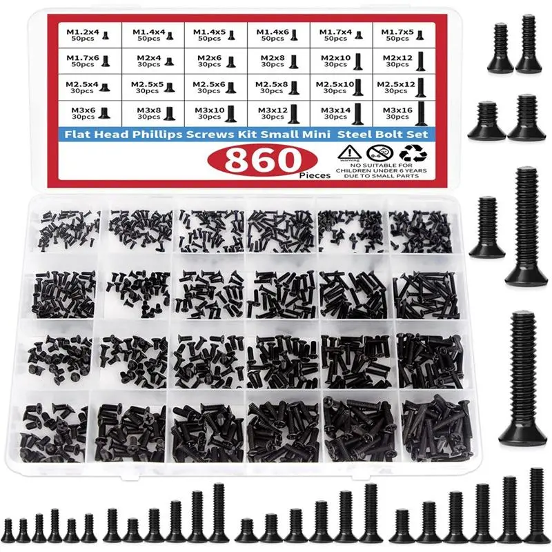 860 PCS Small Computer Screws Assortment Kit, Black Tiny Eyeglass Screws M1.2 M1.4 M1.7 M2 M2.5 M3, PC & Laptop SSD Hard