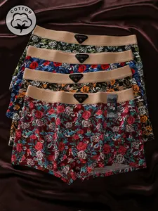 4 Pcs Biweier Women's Cotton Rose Print Boyshorts, Soft Skin-Friendly, Stretchy, Colorful Vintage Casual Underwear, Elastic Waistband, Perfect Gift for Her
