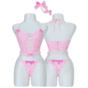 MOEFLAVOR Vday Gloomy Bear Gyaru Corset Top and Underwear Lingerie Set (combined) with Matching Hair Bow for Anime Cosplay XS to 4XL