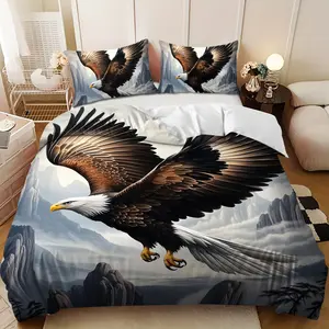 Bedding 3-piece set - 3PCS,Brown and white eagle soaring in the mountains design down comforter set (1 comforter cover + 2 pillowcases, filling not included). soft and comfortable, suitable for family bedrooms.