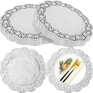 200 Pcs 14 Inches Disposable Foil Lace Paper Doilies Large Round Paper Placemats for Cakes Crafts Wedding Birthday Party Decoration(Silver)