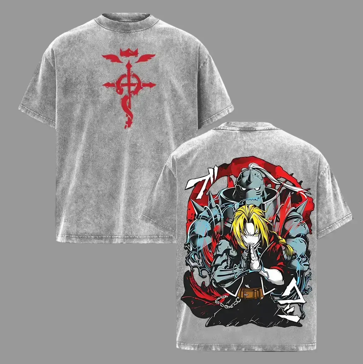 Edward & Alphonse Fullmetal Alchemist Vintage Washed Oversized T-Shirt, Double Printed Heavy Cotton Anime Tee, Manga Streetwear Graphic Top for Otaku Fans