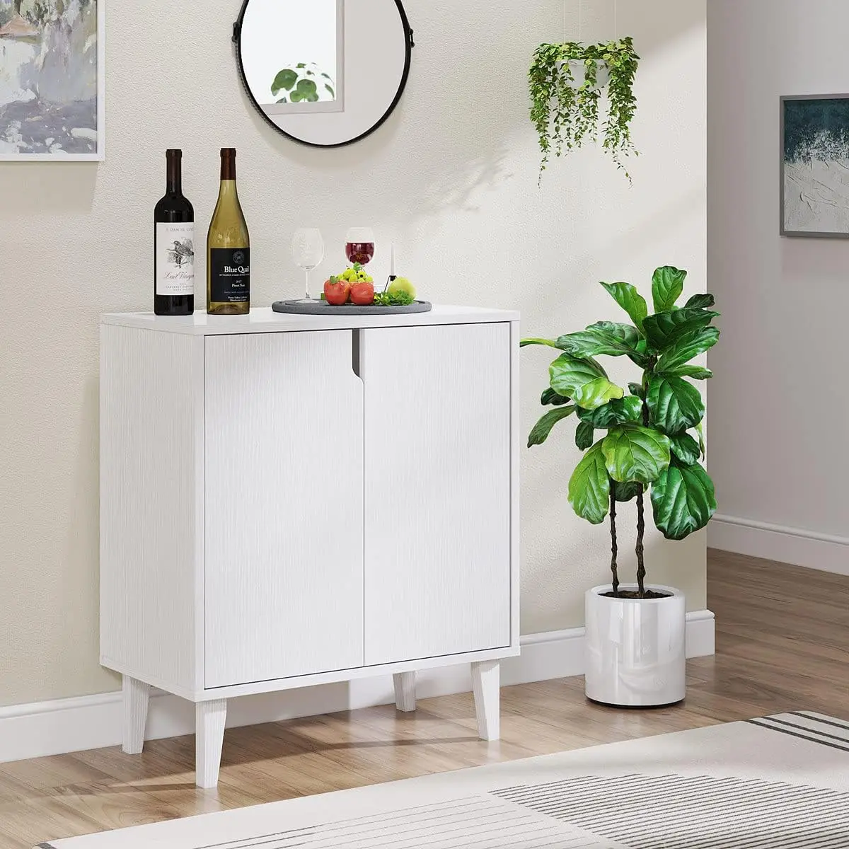 White Coffee Bar Cabinet, Farmhouse Kitchen Sideboard Buffet Storage Cabinet White Accent Sideboard Buffet Cabinet for Kitchen, Dining Room, Living Room, Hallway