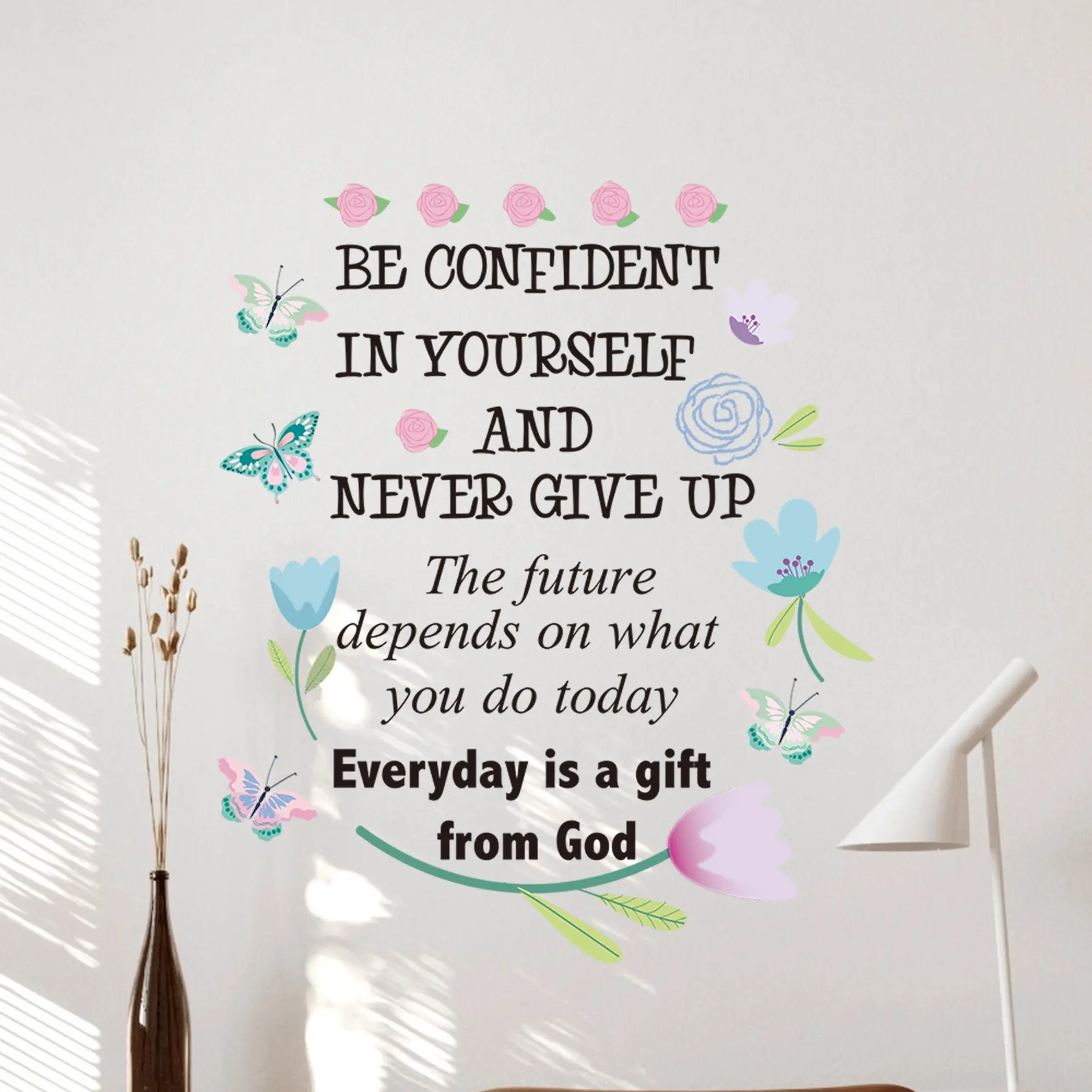 Colorful Inspirational Wall Decals Be Confident Office Positive Affirmations Wall Sticker for Girls Bedroom with Butterfly & Flowers Tiles Sticker
