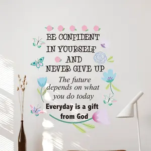 Colorful Inspirational Wall Decals Be Confident Office Positive Affirmations Wall Sticker for Girls Bedroom with Butterfly & Flowers Tiles Sticker