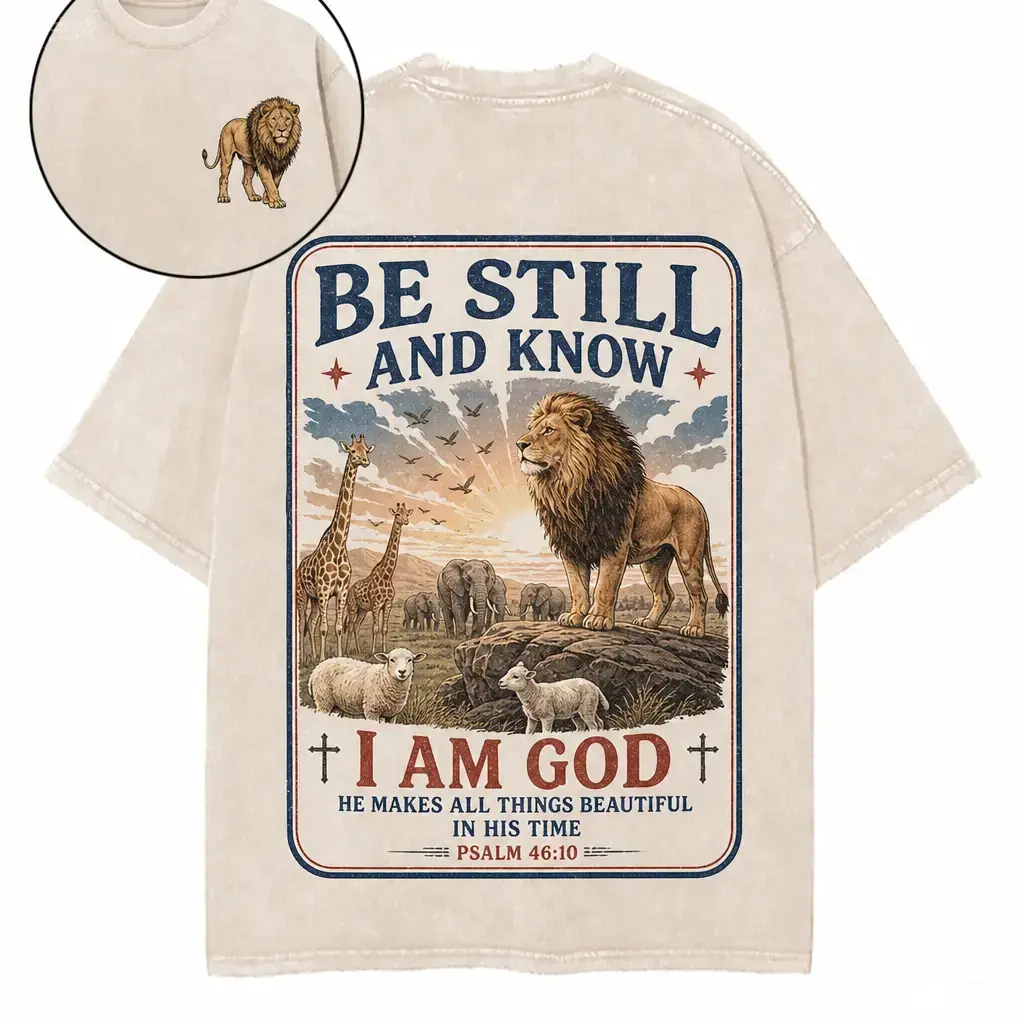 Psalm 46 10 Be Still And Know Lion Safari Animals Double Sided Unisex Washed Cream Tshirt Mens Vintage Graphic Tee, Boyfriend fit shirt, Oversized top for women, Christian faith apparel, Religious gift, Bible verse clothing, Church outfit