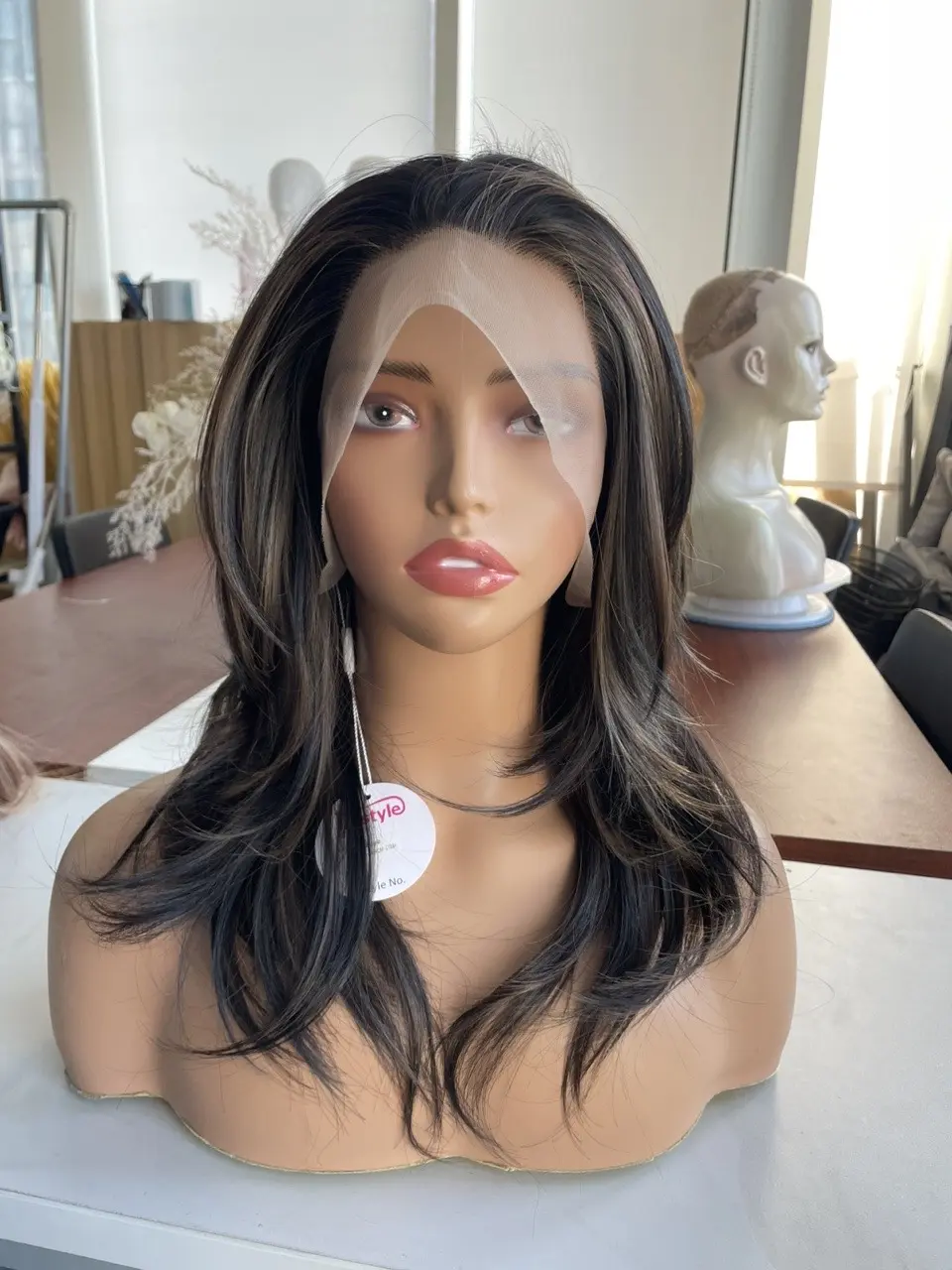 IMstyle Faye Tea Black Brown Highlight with Rooting Short Layer Cut Glueless Pre-plucked Natural Hairline 13*4 Lace Front Synthetic Wigs
