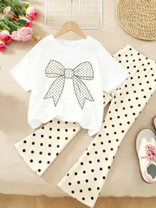 Girls' 3D Digital Full-Print Bow Polka Dot Round Neck T-Shirt + Polka Dot Bell Bottom Pants Set, New Girl's Clothing, Fashion Clothes Set