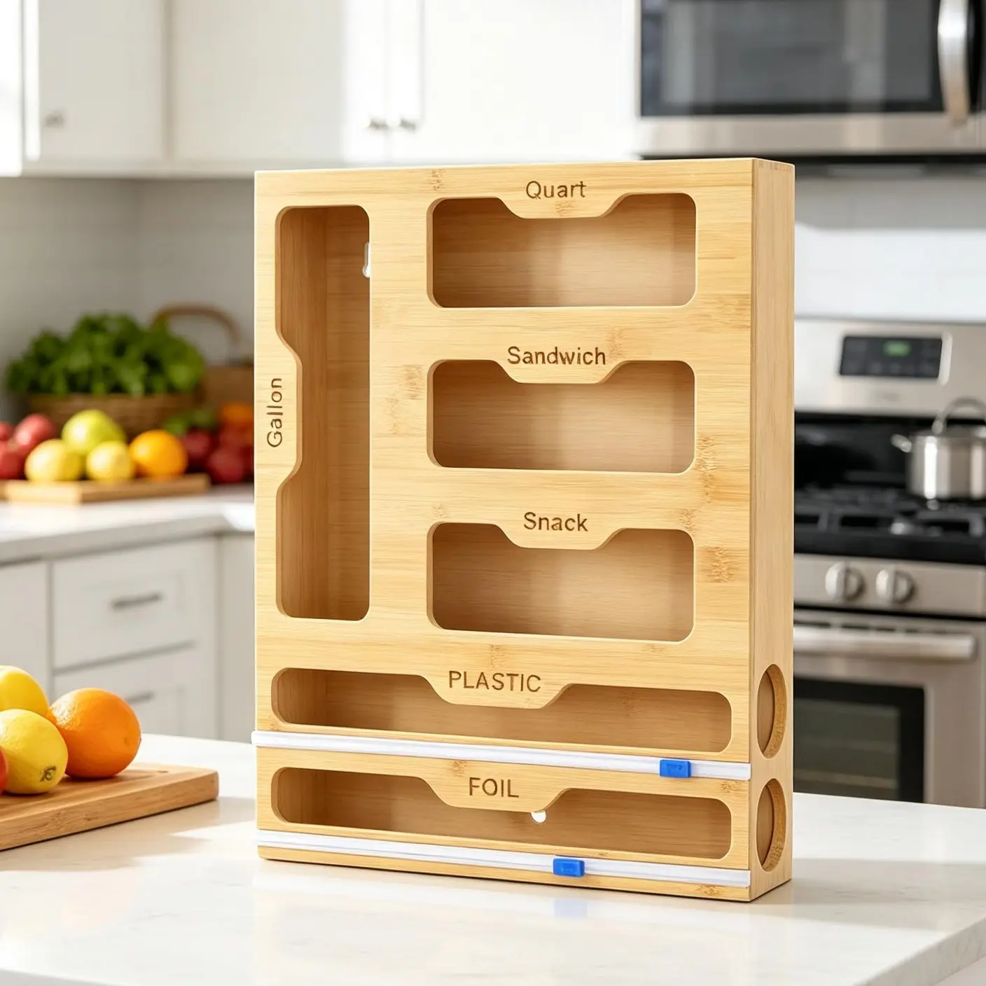 6-In-1 Bamboo Ziplock Bag Organizer with Cutter & Dispensers - Kitchen Drawer Storage for Plastic Wrap, Foil, Gal, Qt, Sandwich, Snack Food Bags