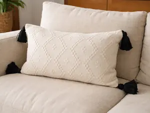 Ivory Textured Accent Pillow Cover with Bold Black Tassels - 12"X20"