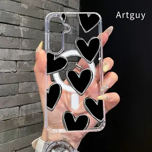 Luxury Love Heart Pattern Magnetic Phone Case for  Samsung Galaxy S26 Edge S23 Ultra S24 Plus FE S25 S22+ Anti-Yellowing Shockproof Lightweight Transparent Acrylic Large Hole Soft Cover Supports Wireless Charging
