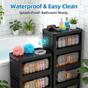 Foldable plastic storage cabinet with transparent storage box and stackable shelving unit; suitable for cosmetics, accessories, and craft supplies; modern design; ideal for bedrooms, bathrooms, and entryways.