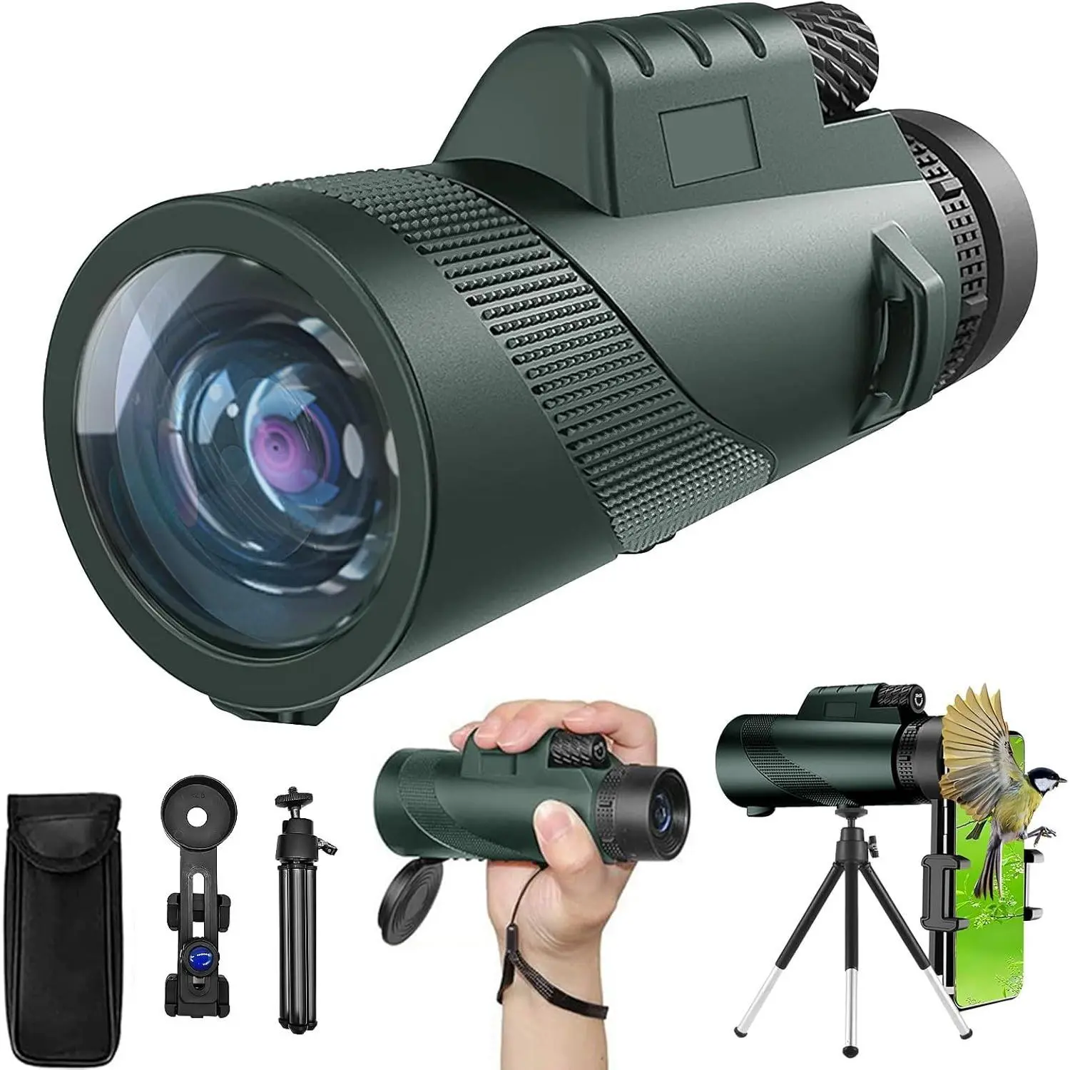 10X42 HD Monocular Telescope for Adults, High Powered Compact BAK-4 Prism & FMC Lens, with Smartphone Holder & Tripod, Stargazing Hunting Bird Watching, Camping Hiking Travel Accessories (Green)