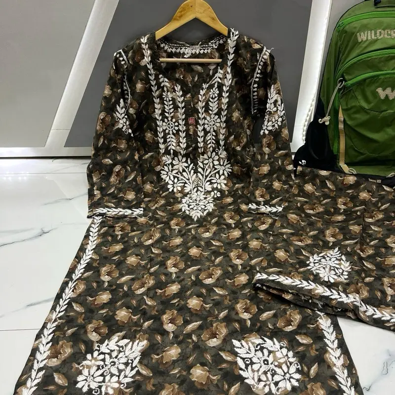 Mulmul Printed Buta Chikankari Work Kurta Plazzo 2pcs Sets Designer Kurti with Plazzo Comfortable Suit Casual Rayon Embroidered Lucknow Style