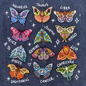 Zodiac Moth, Embroidered Patches - Astrology Butterfly Star Signs - Iron on Patch - Botanical, Boho, Nature - Jackets, Accessories, Backpack - 100% Embroidery, Detailed, Original Designs
