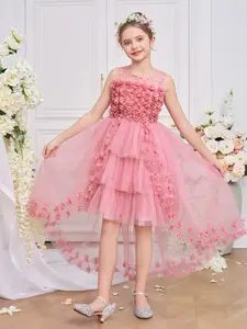 7-12Y Dark Pink 0062 Kids Clothes Flower Girls Princess Long Ball Gown Floral Trailing Skirt Lace Mesh Ball Gown Frock Children Formal Evening Party Banquet Pageant Prom Host Cocktail Dress