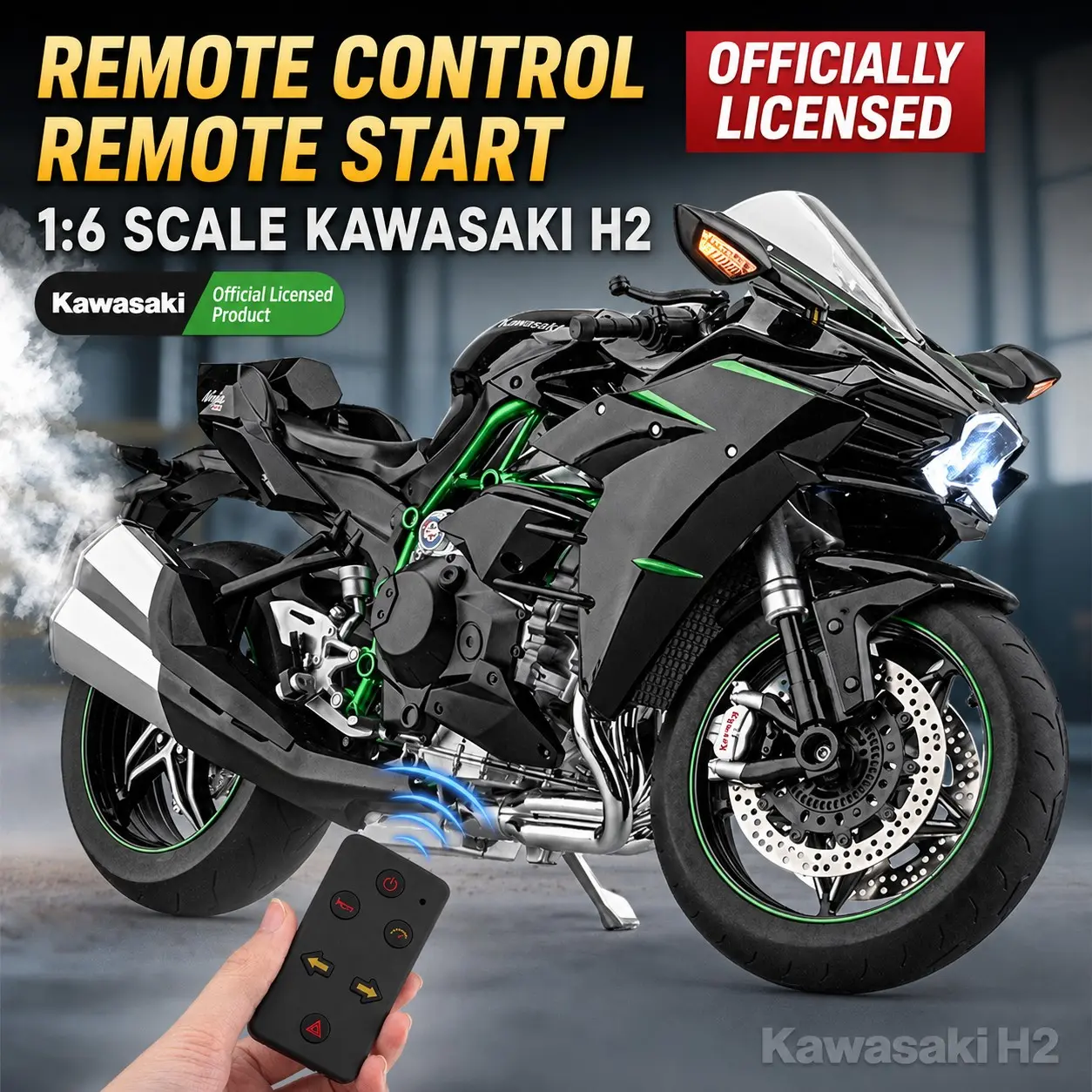 Kawasaki H2r Remote Control Dynamic Model, Hobby Grade RC, Licensed Product, 1:6 Scale Alloy Motorcycle, Realistic Exhaust Spray, Gift and Collectible, Start Throttle Function