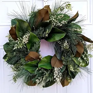 Realistic Magnolia Leaf Front Door Wreath, Summer Greenery Wreath with Pine Needles & Berries, Fall Thanksgiving Decor, All-Season Door Hanger