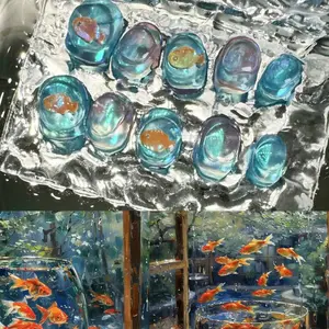 Blue Holographic Short Press-On Nails Set - 3D Goldfish & Bubble Design, Aquatic Theme, Handmade, Reusable, Detachable Wear, Playful Look, Nail Art Decoration for Beauty & Personal Care