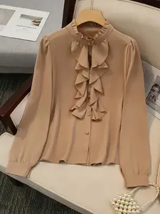 Spring Summer French Style Satin Feel Long Sleeve Shirt Blouse, Milk Tea Color Ruffle Stand Collar, Breathable Fabric for Office Date Vacation