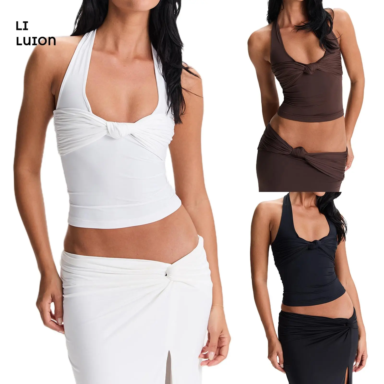 Women's Summer Halter Neck Tank Tops Summer Sleeveless Solid Color Knot Front Shirts Dressy Tops Chic Basic