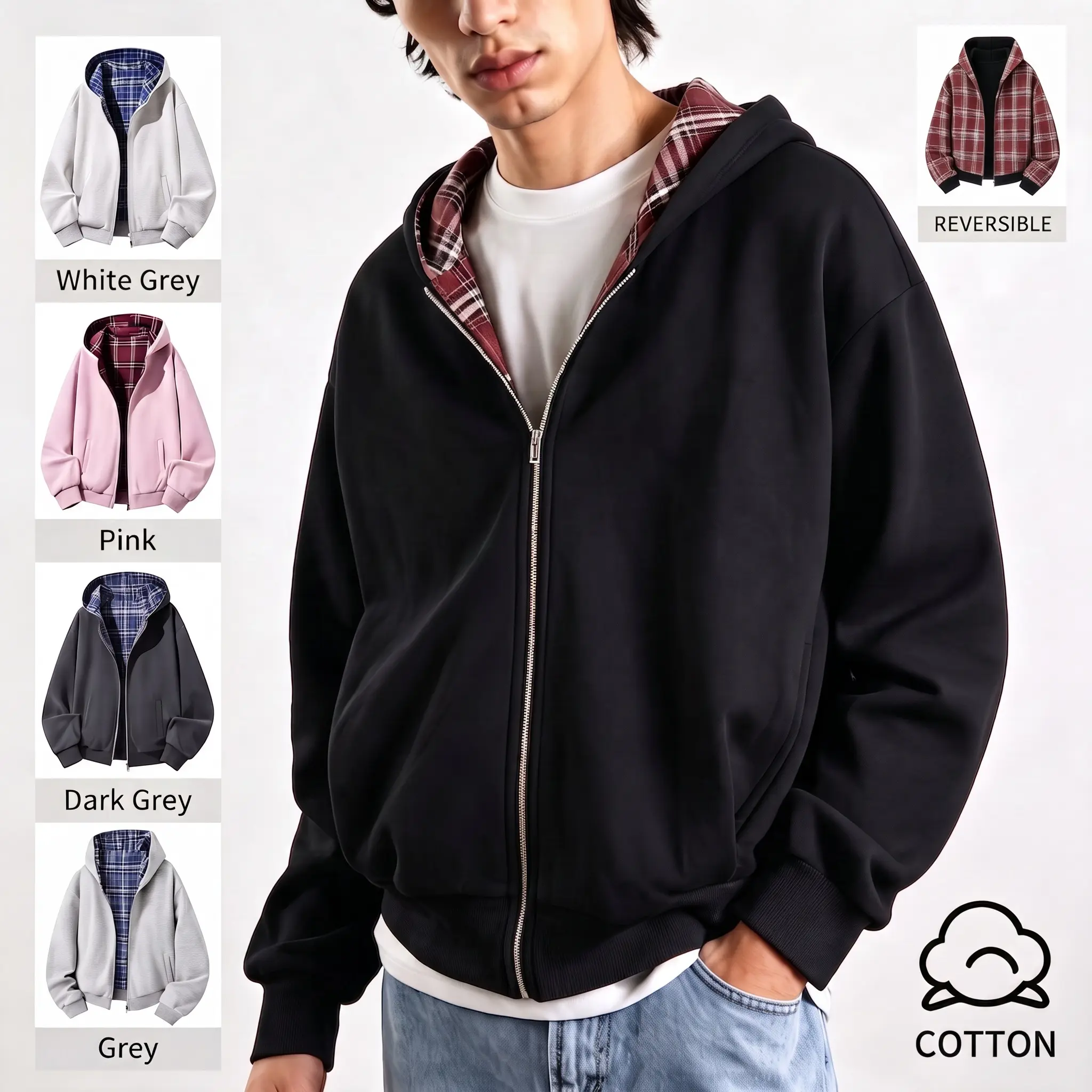 Menswear Stylish Reversible Zip-Up Hoodie Sweatshirt - Cotton Poly Fabric, Regular Fit, Plaid Lining, Cardigan Look, Spring/Autumn Casual Top, Machine Washable, Student Back-to-School Top
