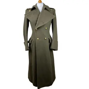 1943 WW2 British Army Officer Wool Greatcoat Olive Green Double-Breasted with Brass Buttons Epaulettes & Half Belt Authentic WW2 Era Uniform