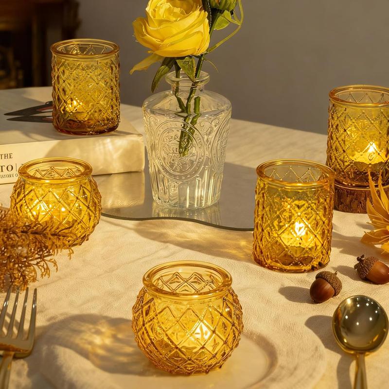 A 24-Piece Set of Transparent/ Blue/ Amber/ Green Glass Candle Holders, include: 12 Round Cups and 12 Textured Cups, Suitable for Weddings, Parties, and Home Decoration