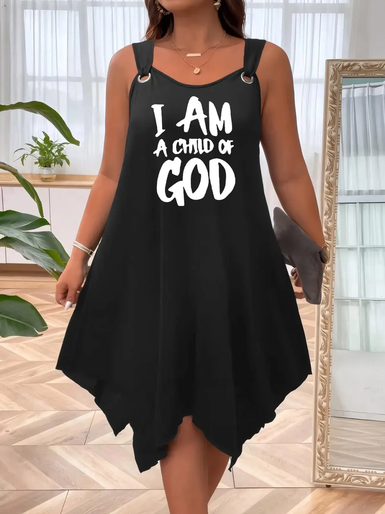 【Plus Size】 Letter Print Cami Dress, Casual Sleeveless A-line Dress for Summer, Women's Plus Clothing for Daily Wear