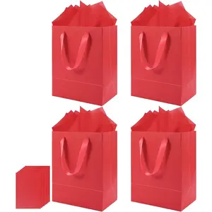 4 Pack Red  Bags Handles and 8 Tissue Paper, Medium Size 8 X 5 X10 Inch Paper Bag for Birthday Party,  Shower, Wedding Favors or Mother's Day, Father's Day