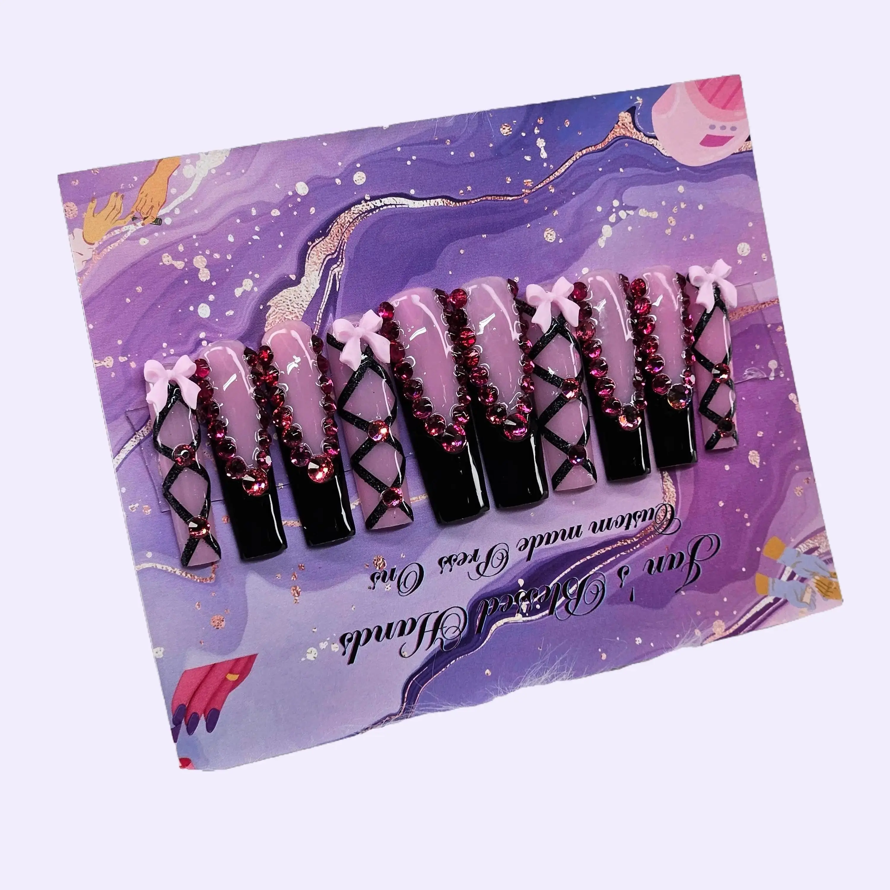 Bling French Tip Long Square - Pink/Black Gel