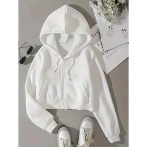 [Long Sleeve Pocket Sweatshirt Top] Solid Drawstring Zip Up Thermal Lined Crop Hoodie Sweatshirt, Long Sleeve Pocket Front Sweatshirt, Women's Tops