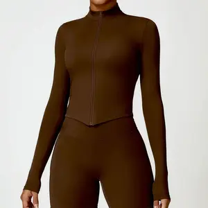 Women's Gym Exercise Shirt Yoga Long Sleeve Sportswear Top Zipper Jacket Gym Push Up Workout Tops Running Cycling Sportswear Women's Solid Zip-Up Workout Jacket