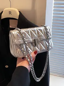 Silver Color Mini Chain Small Square Bag, Simple Commuter Crossbody Shoulder Bag, Perfect for Daily Use, Ladies Shopping Bag