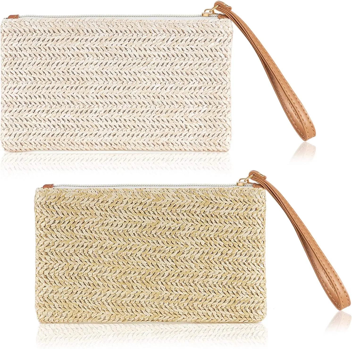 2 Pieces Straw Clutch Purse Straw Handbag for Women Summer Beach Bag Bohemian Wristlet Bag(Beige-White, Beige-Yellow)