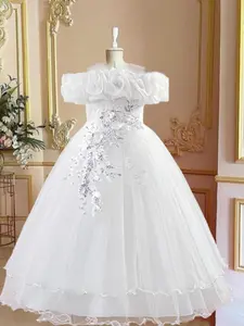 Off Shoulder Sequin Tulle Party Princess Dress, Elegant Floral Decor Sweater Dress for Evening Party, Kids Clothes for Summer