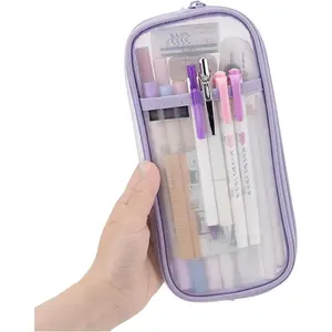 Grid Mesh Pen Pencil Case with Zipper Clear Makeup Color Pouch  Bag Multi-Purpose Travel School Teen Girls Transparent Stationary Bag Office Organizer Box for Adluts(Purple)