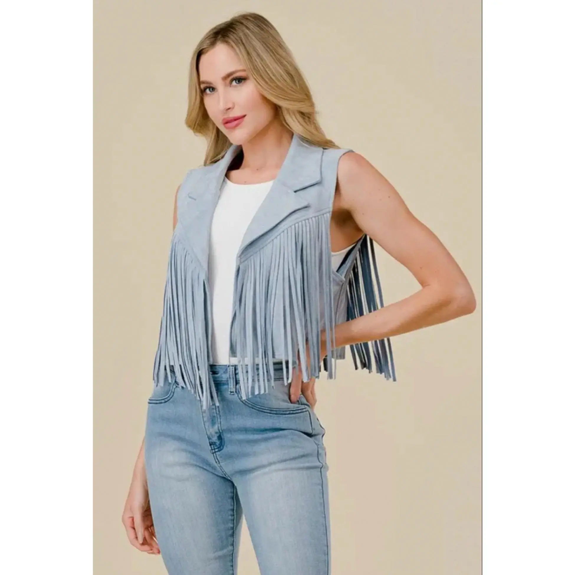Lt Blue Collared Suede Fringe Vest - Stylish and Trendy Design for Women