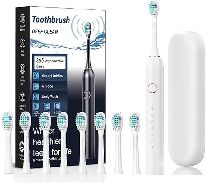 Sonic Electric Toothbrush for Adults, 6 Modes for Sensitive Teeth and Whitening, 42000 VPM Power, 180-Day Battery Life, Includes 8 Brush Heads and Travel Case, White