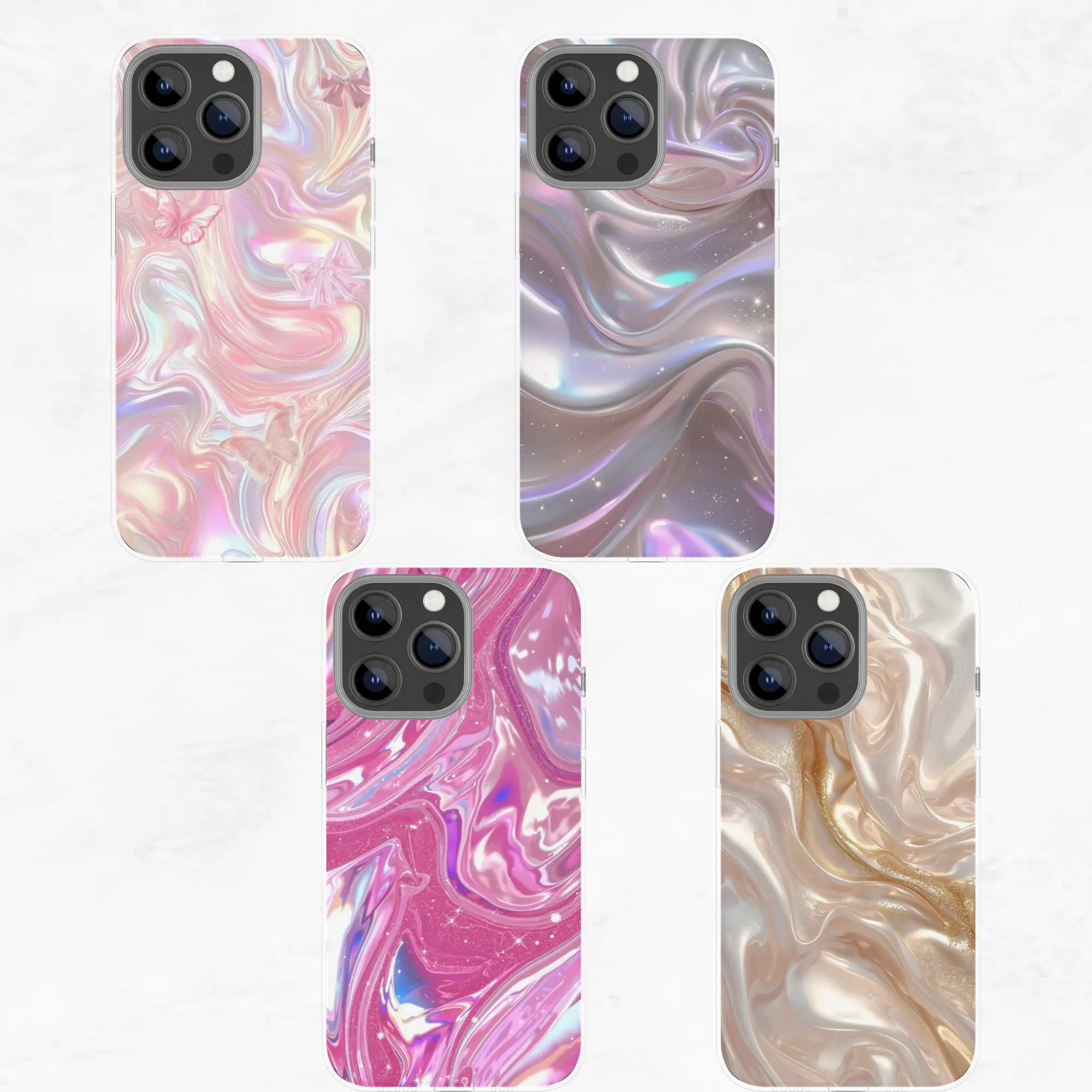 Iridescent Marble Phone Case for iPhone, Pink Pearl Swirl Cover, Glossy Holographic Aesthetic Case, Chic Minimal Gift for Her