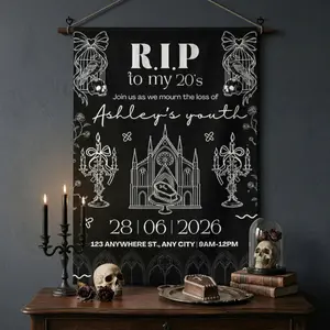 RIP to My 20s Party Backdrop, 30th Birthday Funeral Theme Decor, Personalized Gothic Birthday Banner