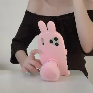 Cute Fluffy Bunny Tail Pink Silicone Cellphone Case Casing For iPhone 17 16 15 14 13 Pro Max - Shockproof Protective Cover