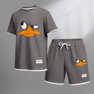 Men's Funny Duck Print Waffle Fabric Short-Sleeved Shirt And Shorts Set