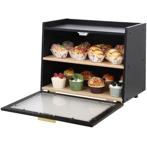 Large two-tiered bamboo bread box with viewing window – airtight bread box for kitchen countertop – vintage storage for bread, rolls & muffins – country style – color: black