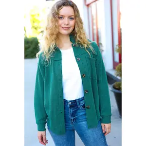Holiday Pine Green Ribbed Button Down Shacket
