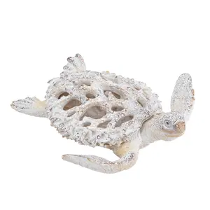 13.2x12.2x3.9" Decorative Polyresin Turtle Statue with White Coral Reef Design