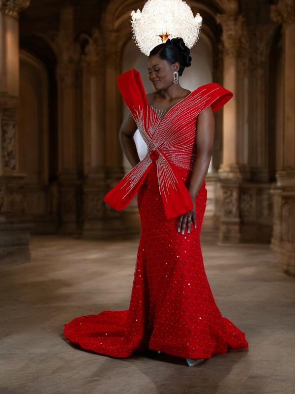 Crimson Sovereign Red Lace Evening Gown | Hand-Embellished Couture Dress | Custom Made Luxury Gala & Red Carpet Gown